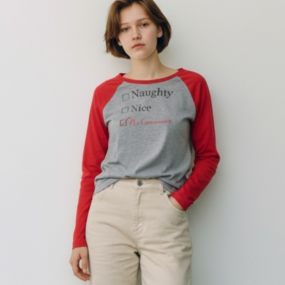 “Naughty, Nice, No Comment” Women’s Grey and Red Baseball Tee size M Christmas - Picture 12 of 12